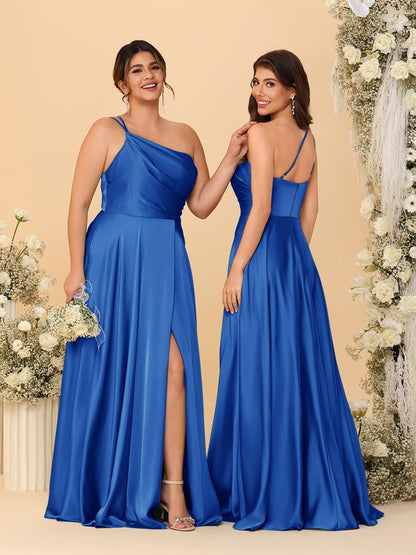 A-Line/Princess Spaghetti Straps Sleeveless Long Ruched Bridesmaid Dresses With Split Side