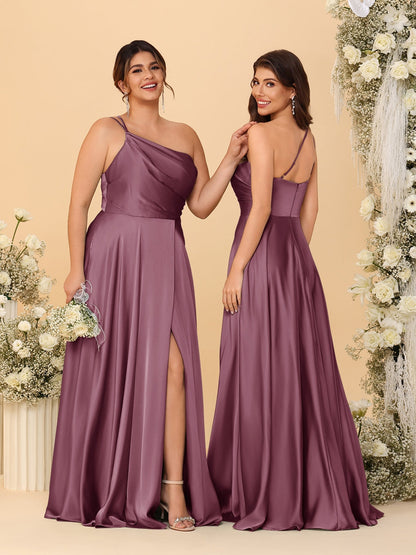 A-Line/Princess Spaghetti Straps Sleeveless Long Ruched Bridesmaid Dresses With Split Side
