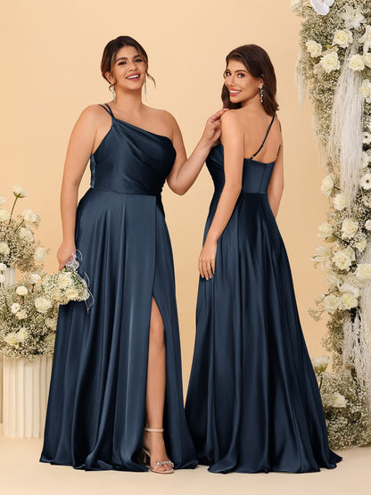 A-Line/Princess Spaghetti Straps Sleeveless Long Ruched Bridesmaid Dresses With Split Side