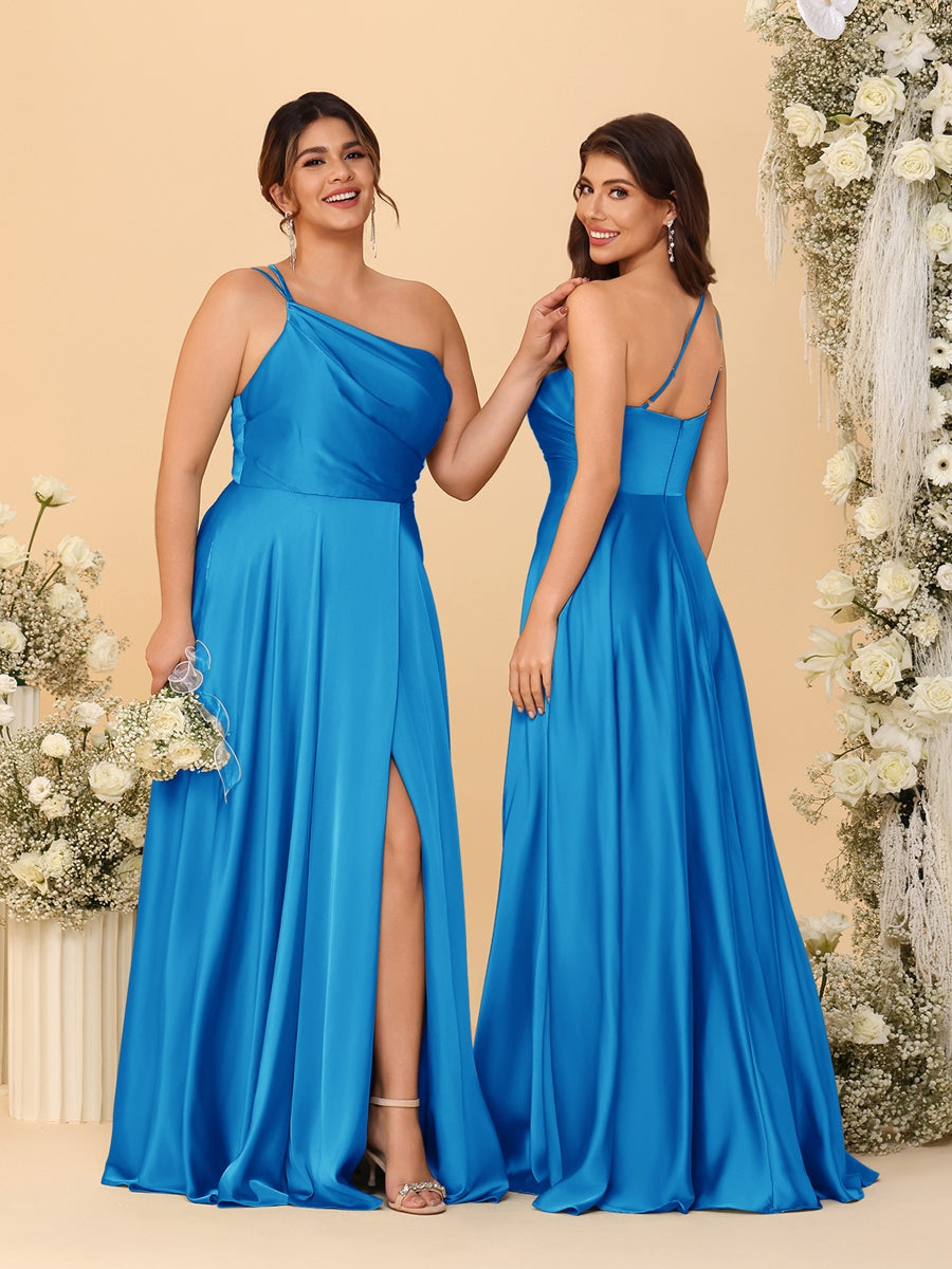 A-Line/Princess Spaghetti Straps Sleeveless Long Ruched Bridesmaid Dresses With Split Side