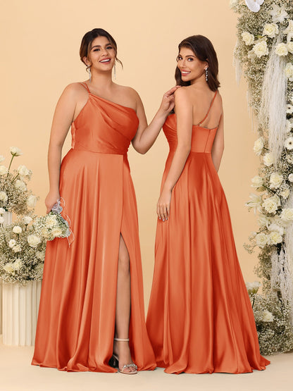 A-Line/Princess Spaghetti Straps Sleeveless Long Ruched Bridesmaid Dresses With Split Side