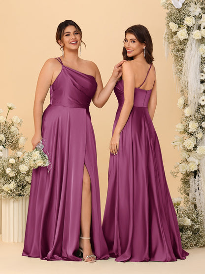 A-Line/Princess Spaghetti Straps Sleeveless Long Ruched Bridesmaid Dresses With Split Side