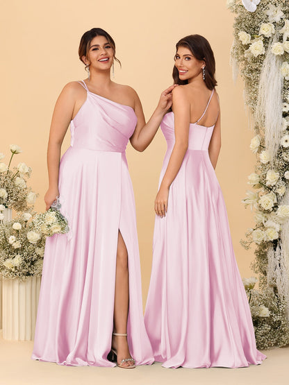 A-Line/Princess Spaghetti Straps Sleeveless Long Ruched Bridesmaid Dresses With Split Side