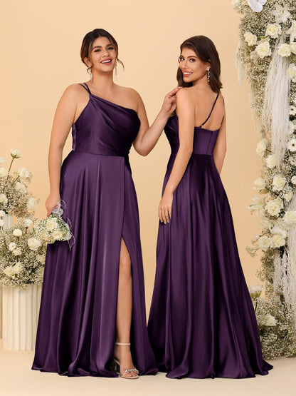 A-Line/Princess Spaghetti Straps Sleeveless Long Ruched Bridesmaid Dresses With Split Side
