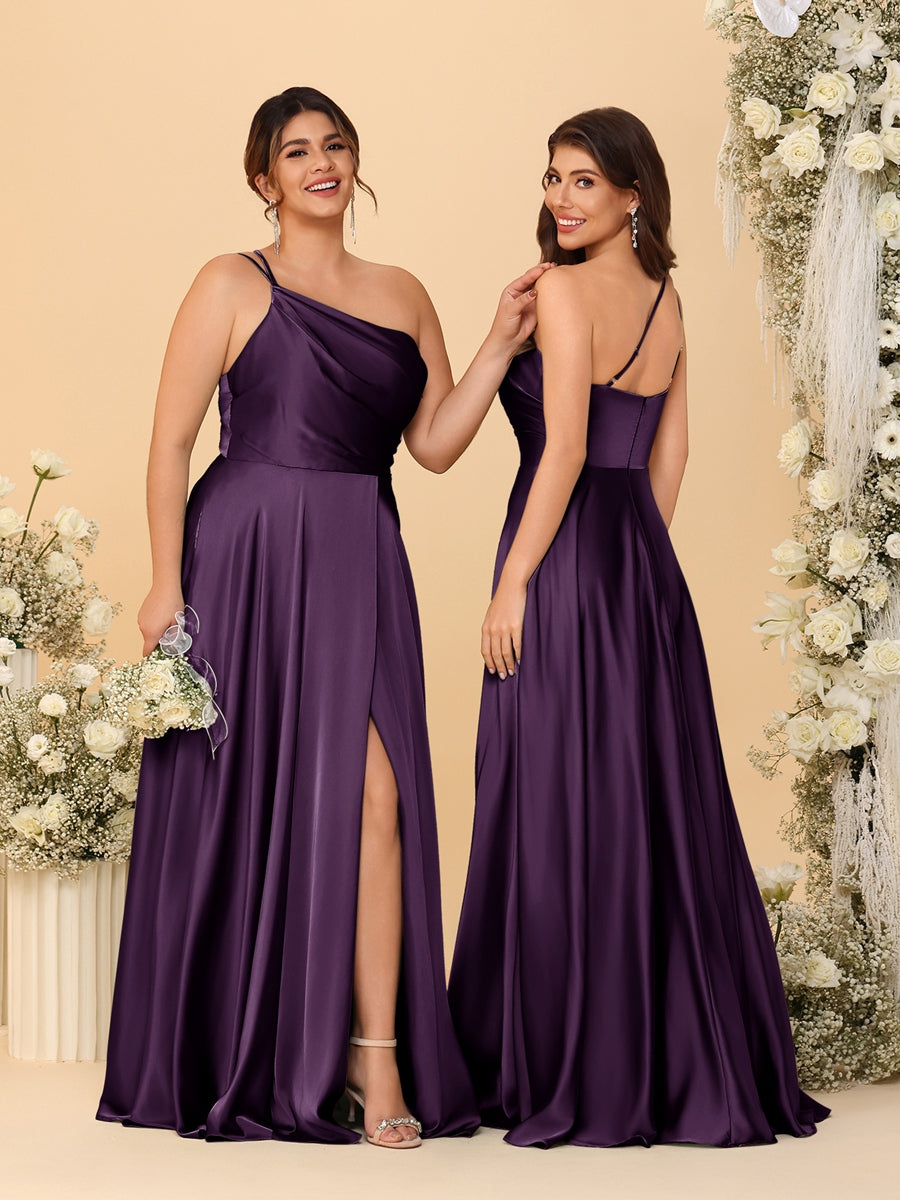 A-Line/Princess Spaghetti Straps Sleeveless Long Ruched Bridesmaid Dresses With Split Side