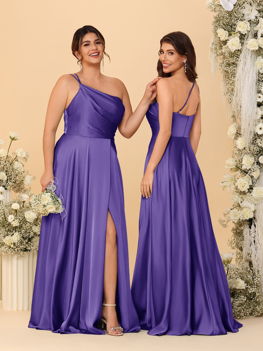 A-Line/Princess Spaghetti Straps Sleeveless Long Ruched Bridesmaid Dresses With Split Side
