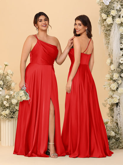 A-Line/Princess Spaghetti Straps Sleeveless Long Ruched Bridesmaid Dresses With Split Side