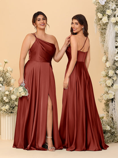 A-Line/Princess Spaghetti Straps Sleeveless Long Ruched Bridesmaid Dresses With Split Side