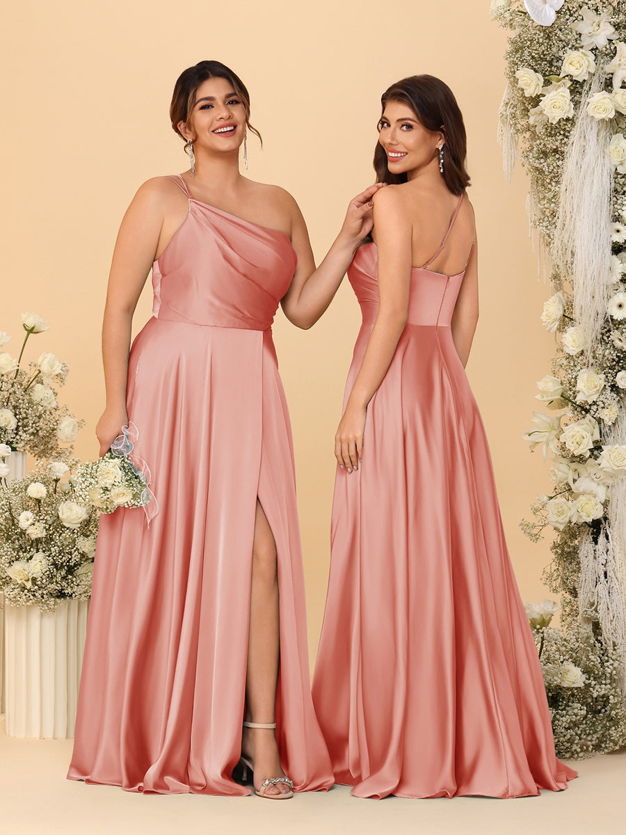 A-Line/Princess Spaghetti Straps Sleeveless Long Ruched Bridesmaid Dresses With Split Side