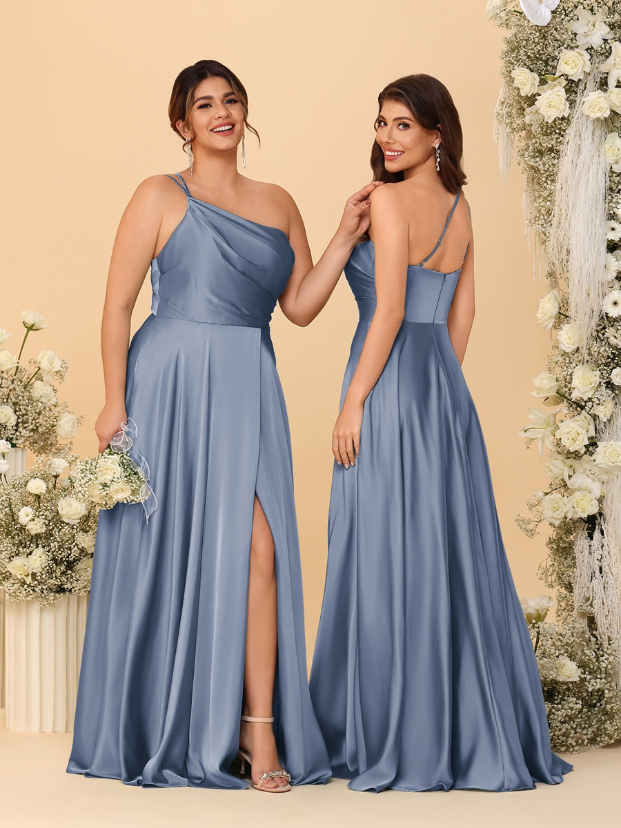 A-Line/Princess Spaghetti Straps Sleeveless Long Ruched Bridesmaid Dresses With Split Side
