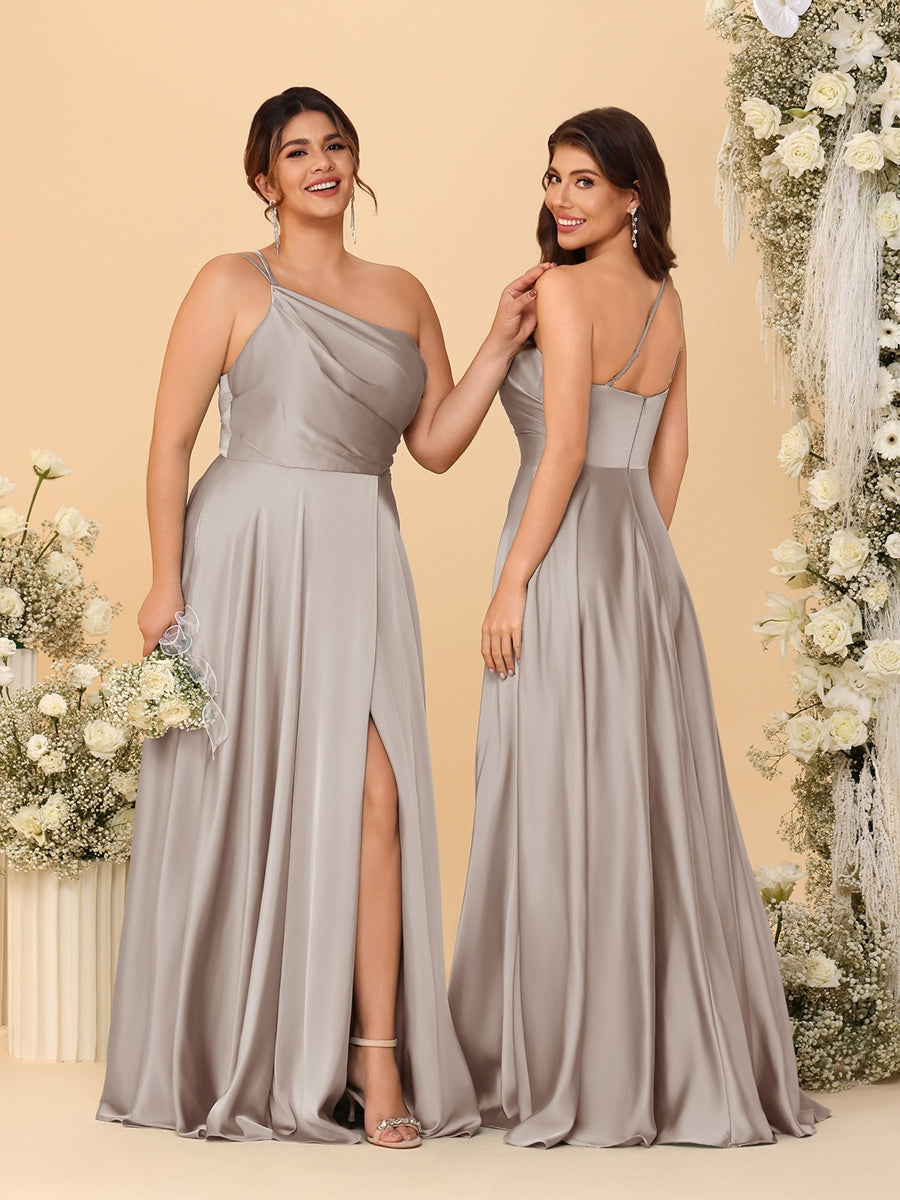 A-Line/Princess Spaghetti Straps Sleeveless Long Ruched Bridesmaid Dresses With Split Side