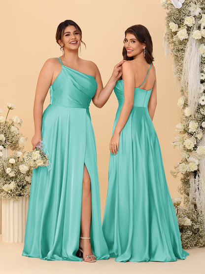 A-Line/Princess Spaghetti Straps Sleeveless Long Ruched Bridesmaid Dresses With Split Side
