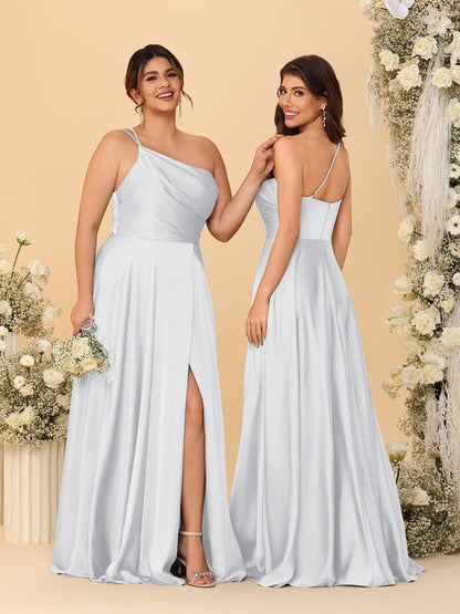 A-Line/Princess Spaghetti Straps Sleeveless Long Ruched Bridesmaid Dresses With Split Side