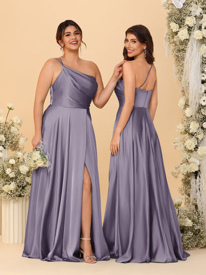 A-Line/Princess Spaghetti Straps Sleeveless Long Ruched Bridesmaid Dresses With Split Side