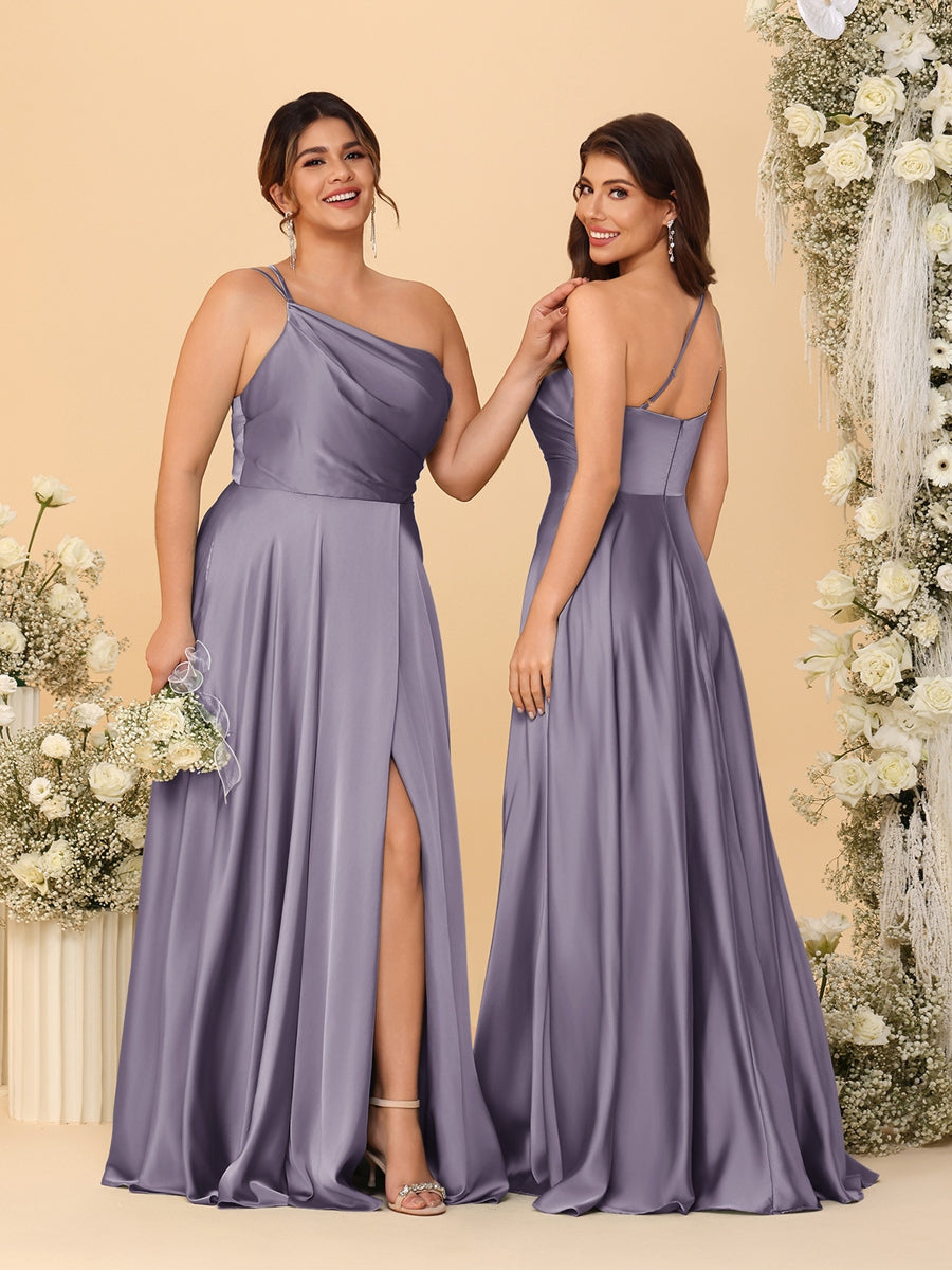 A-Line/Princess Spaghetti Straps Sleeveless Long Ruched Bridesmaid Dresses With Split Side