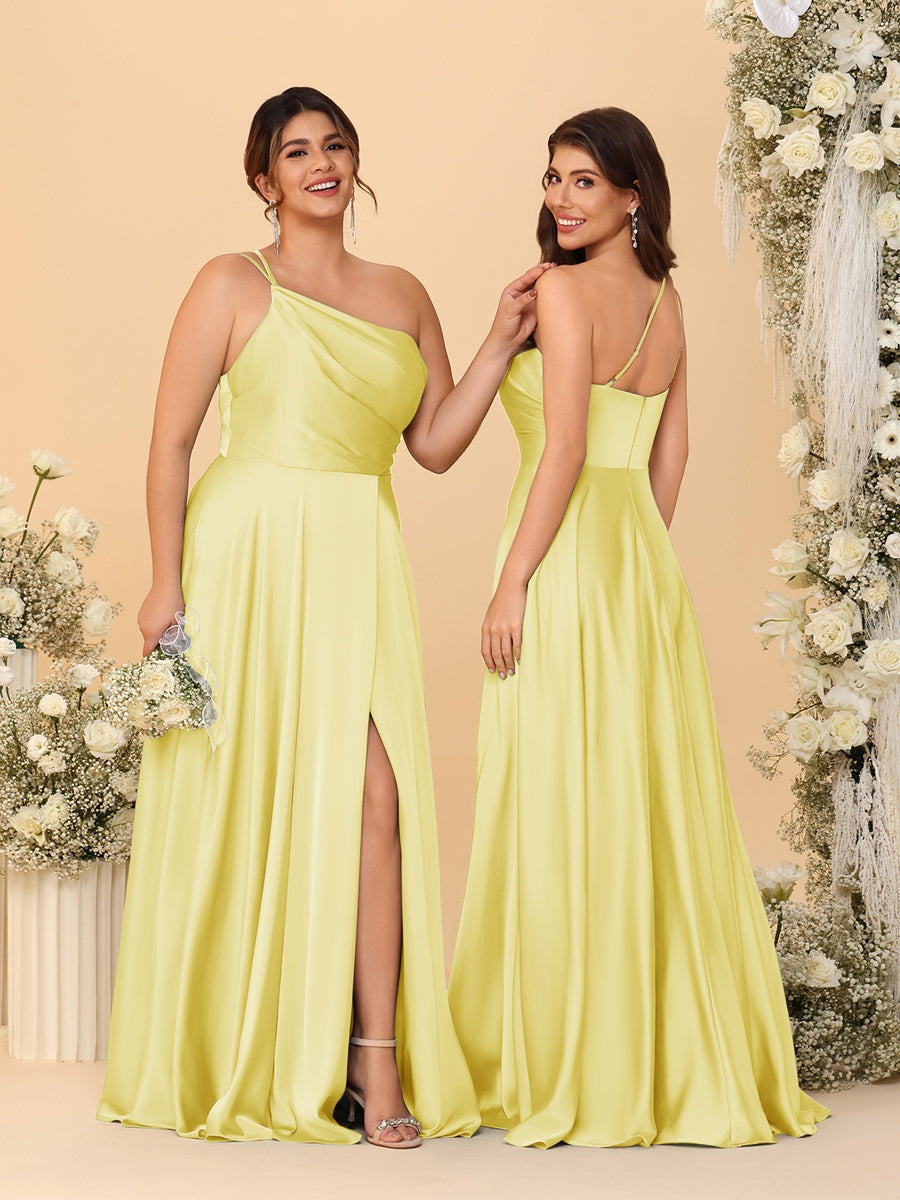 A-Line/Princess Spaghetti Straps Sleeveless Long Ruched Bridesmaid Dresses With Split Side