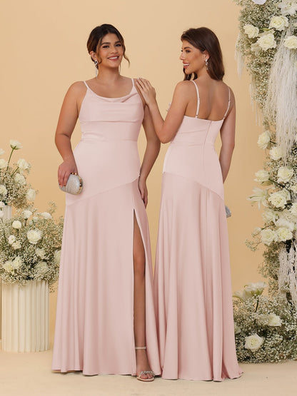 Sheath/Column Spaghetti Straps Cowl Neck Sleeveless Bridesmaid Dresses With Split Side