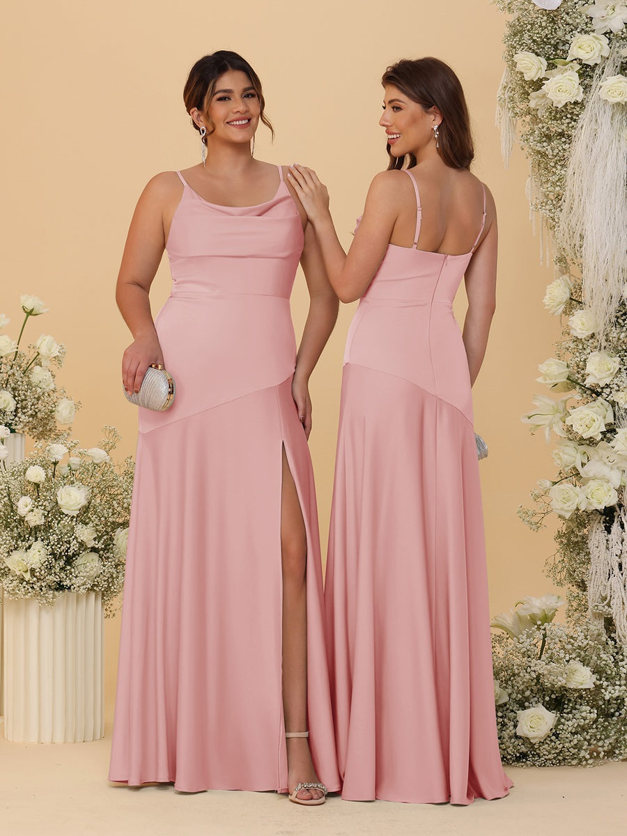 Sheath/Column Spaghetti Straps Cowl Neck Sleeveless Bridesmaid Dresses With Split Side