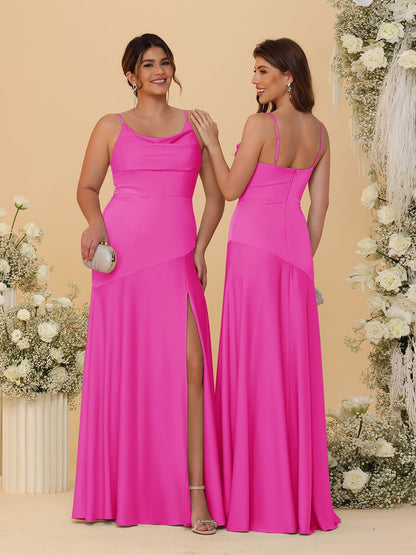 Sheath/Column Spaghetti Straps Cowl Neck Sleeveless Bridesmaid Dresses With Split Side