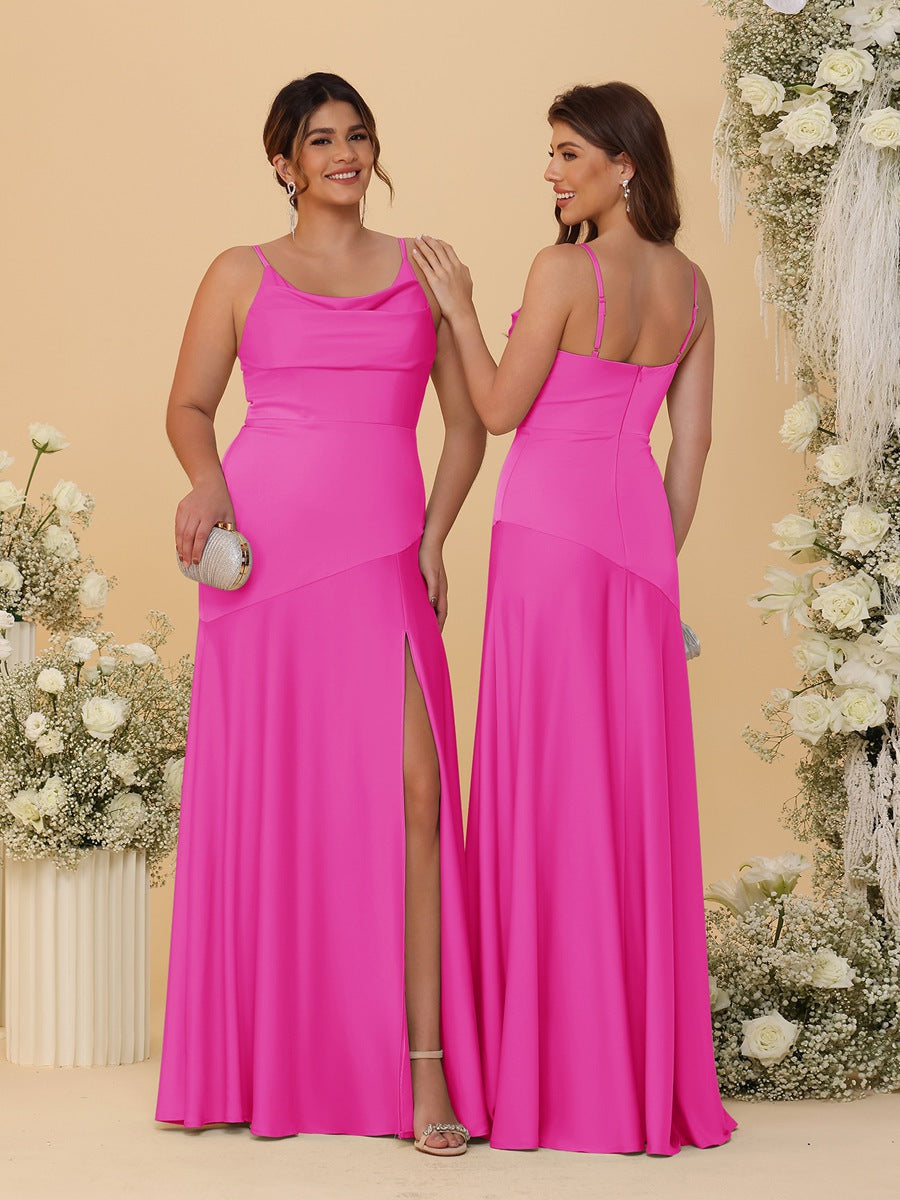 Sheath/Column Spaghetti Straps Cowl Neck Sleeveless Bridesmaid Dresses With Split Side