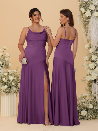 Sheath/Column Spaghetti Straps Cowl Neck Sleeveless Bridesmaid Dresses With Split Side