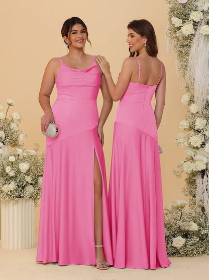 Sheath/Column Spaghetti Straps Cowl Neck Sleeveless Bridesmaid Dresses With Split Side