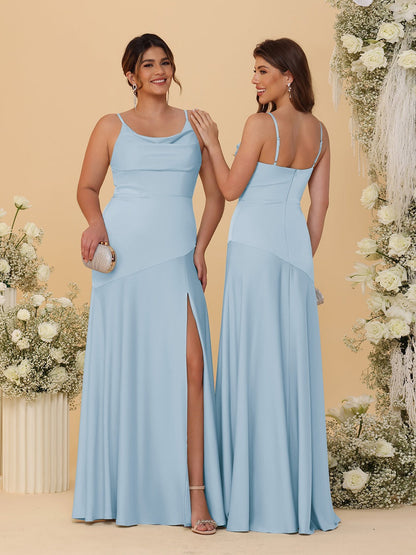 Sheath/Column Spaghetti Straps Cowl Neck Sleeveless Bridesmaid Dresses With Split Side