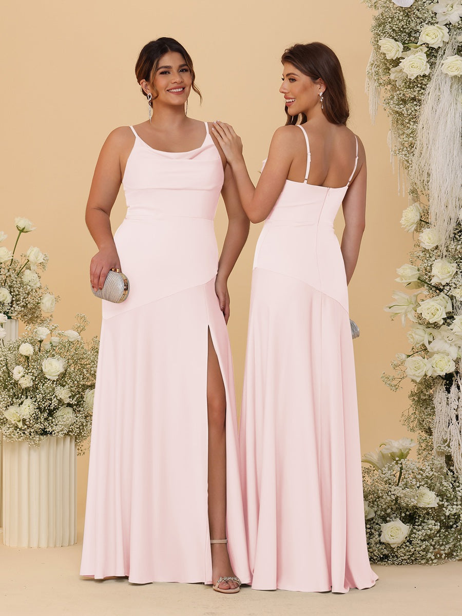 Sheath/Column Spaghetti Straps Cowl Neck Sleeveless Bridesmaid Dresses With Split Side