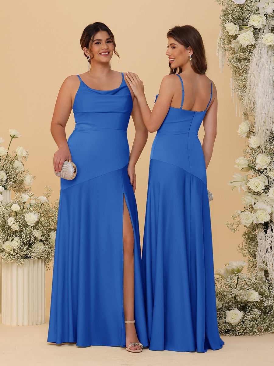 Sheath/Column Spaghetti Straps Cowl Neck Sleeveless Bridesmaid Dresses With Split Side
