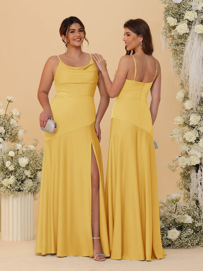 Sheath/Column Spaghetti Straps Cowl Neck Sleeveless Bridesmaid Dresses With Split Side
