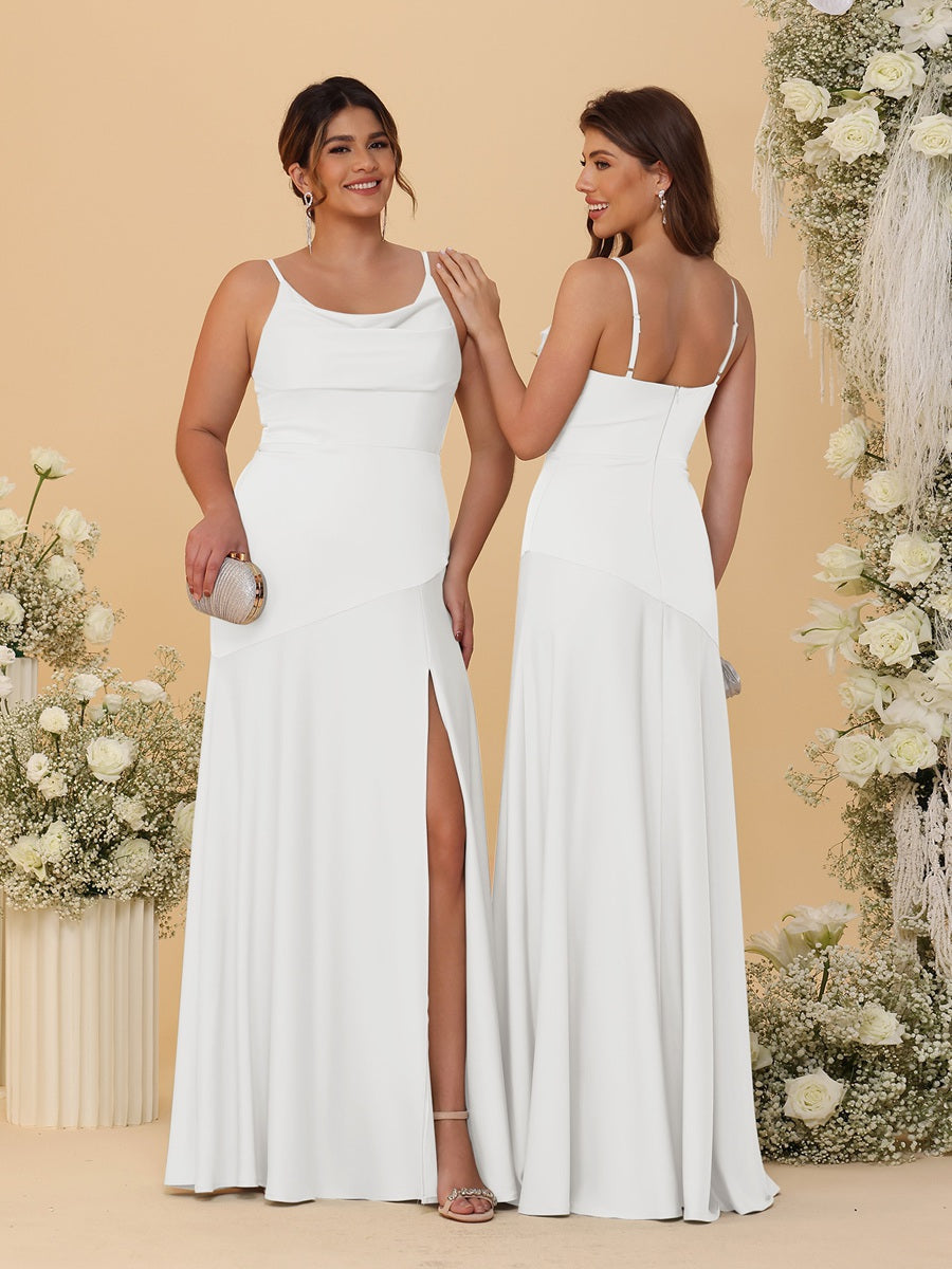 Sheath/Column Spaghetti Straps Cowl Neck Sleeveless Bridesmaid Dresses With Split Side