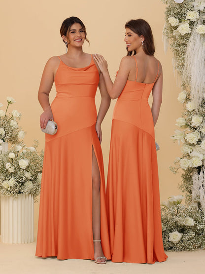 Sheath/Column Spaghetti Straps Cowl Neck Sleeveless Bridesmaid Dresses With Split Side