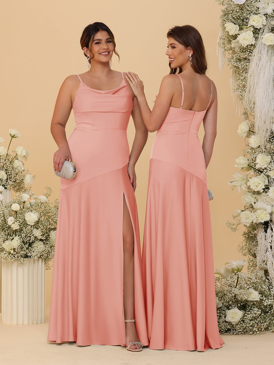 Sheath/Column Spaghetti Straps Cowl Neck Sleeveless Bridesmaid Dresses With Split Side