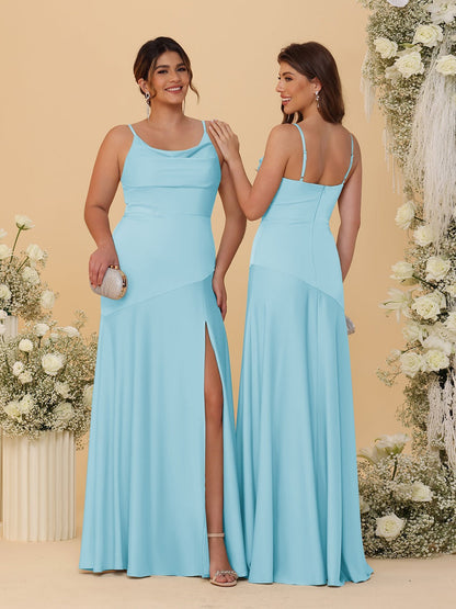 Sheath/Column Spaghetti Straps Cowl Neck Sleeveless Bridesmaid Dresses With Split Side