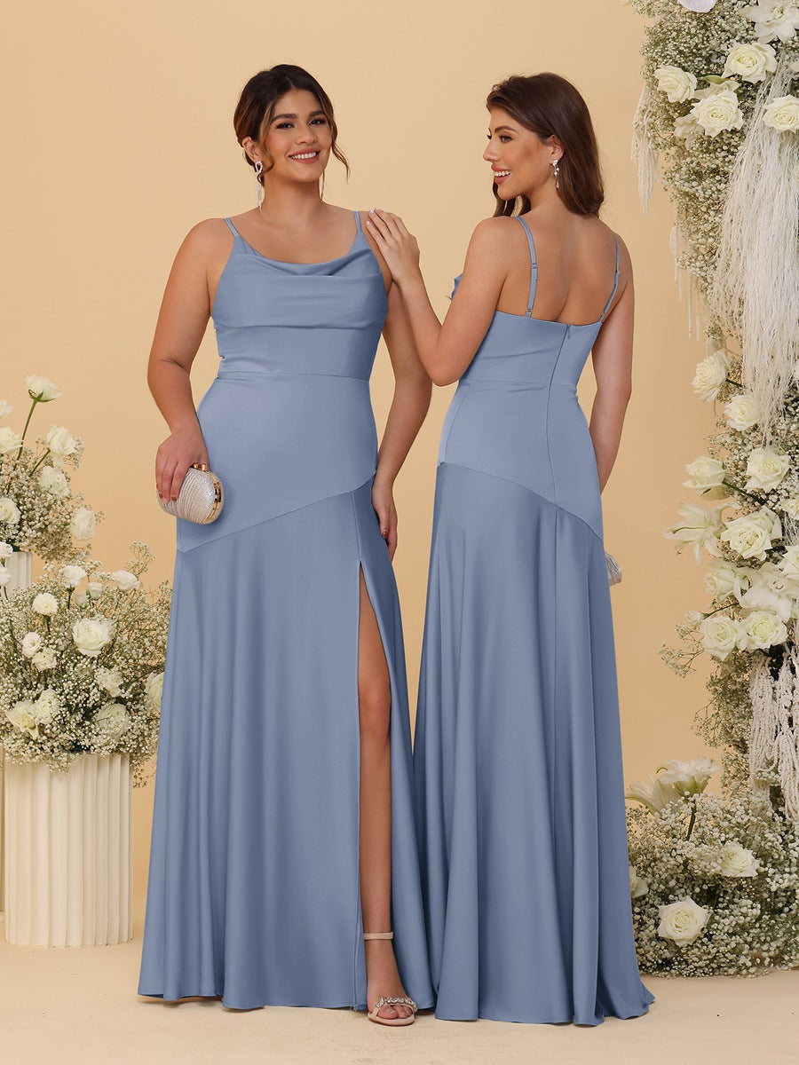 Sheath/Column Spaghetti Straps Cowl Neck Sleeveless Bridesmaid Dresses With Split Side