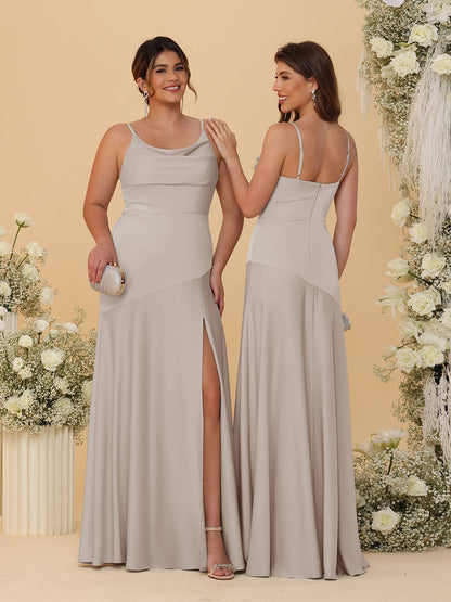 Sheath/Column Spaghetti Straps Cowl Neck Sleeveless Bridesmaid Dresses With Split Side