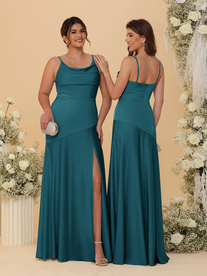 Sheath/Column Spaghetti Straps Cowl Neck Sleeveless Bridesmaid Dresses With Split Side