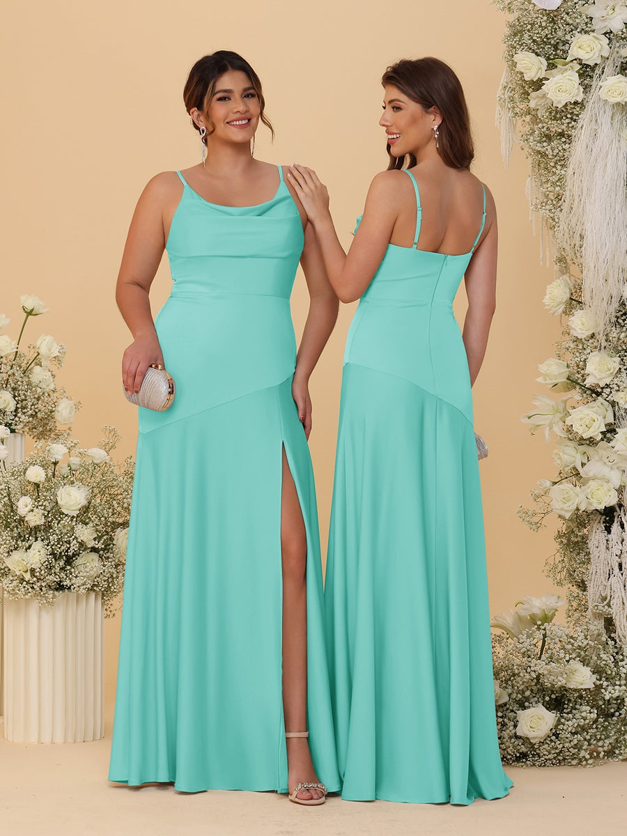 Sheath/Column Spaghetti Straps Cowl Neck Sleeveless Bridesmaid Dresses With Split Side