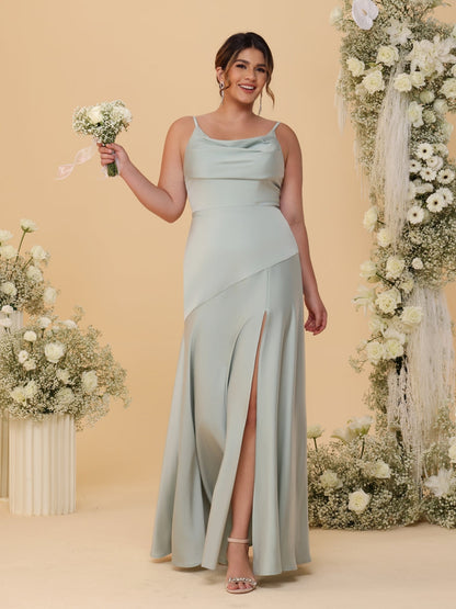 Sheath/Column Spaghetti Straps Cowl Neck Sleeveless Plus Size Bridesmaid Dresses With Split Side