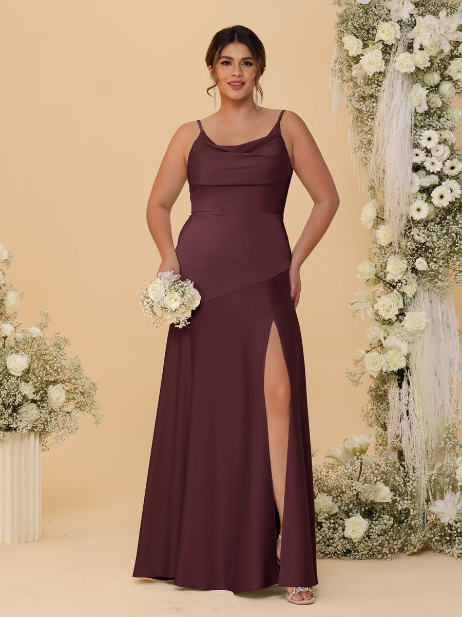 Sheath/Column Spaghetti Straps Cowl Neck Sleeveless Plus Size Bridesmaid Dresses With Split Side