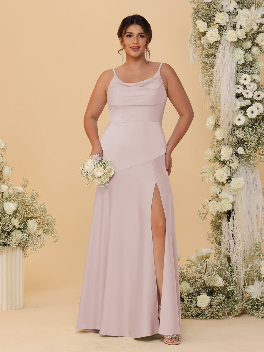 Sheath/Column Spaghetti Straps Cowl Neck Sleeveless Plus Size Bridesmaid Dresses With Split Side