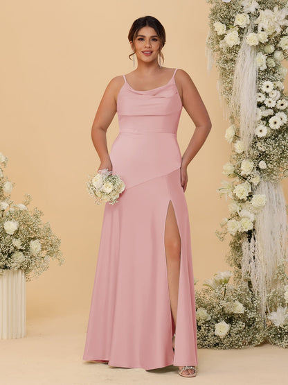 Sheath/Column Spaghetti Straps Cowl Neck Sleeveless Plus Size Bridesmaid Dresses With Split Side
