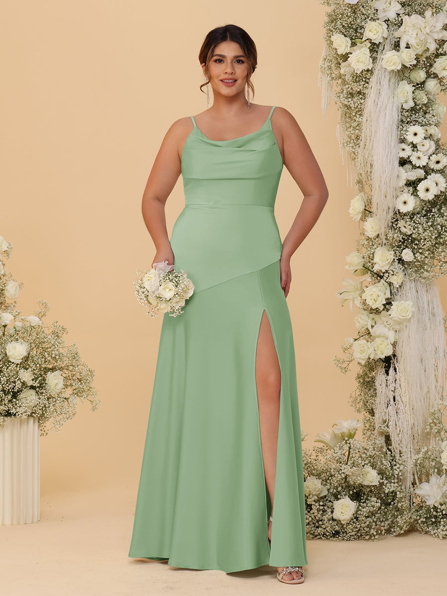Sheath/Column Spaghetti Straps Cowl Neck Sleeveless Plus Size Bridesmaid Dresses With Split Side