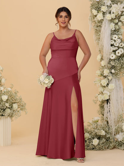 Sheath/Column Spaghetti Straps Cowl Neck Sleeveless Plus Size Bridesmaid Dresses With Split Side