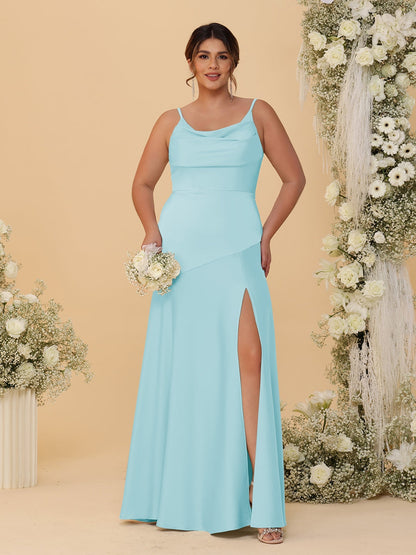 Sheath/Column Spaghetti Straps Cowl Neck Sleeveless Plus Size Bridesmaid Dresses With Split Side