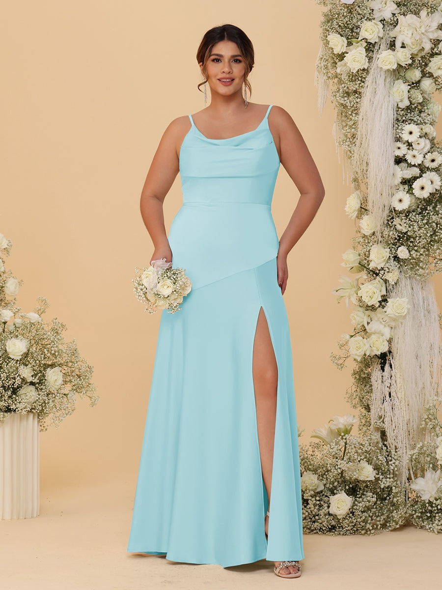Sheath/Column Spaghetti Straps Cowl Neck Sleeveless Plus Size Bridesmaid Dresses With Split Side