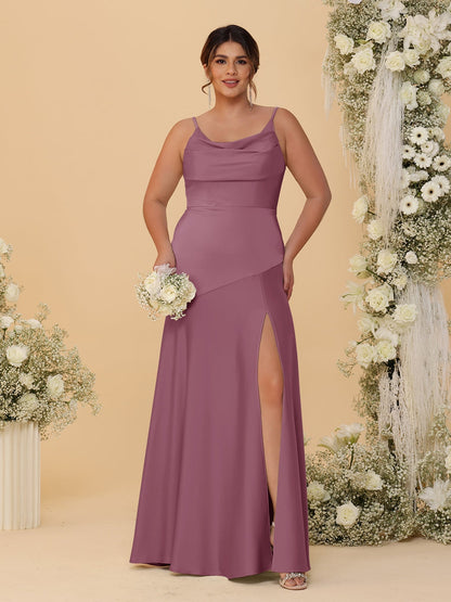 Sheath/Column Spaghetti Straps Cowl Neck Sleeveless Plus Size Bridesmaid Dresses With Split Side