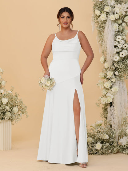 Sheath/Column Spaghetti Straps Cowl Neck Sleeveless Plus Size Bridesmaid Dresses With Split Side