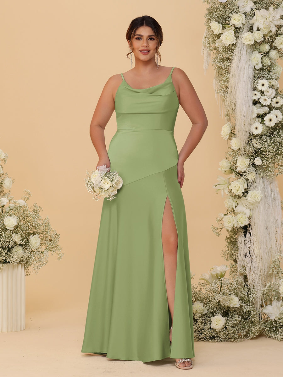 Sheath/Column Spaghetti Straps Cowl Neck Sleeveless Plus Size Bridesmaid Dresses With Split Side