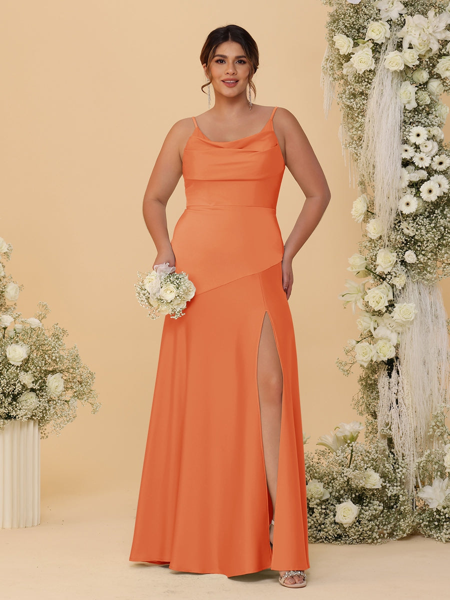 Sheath/Column Spaghetti Straps Cowl Neck Sleeveless Plus Size Bridesmaid Dresses With Split Side